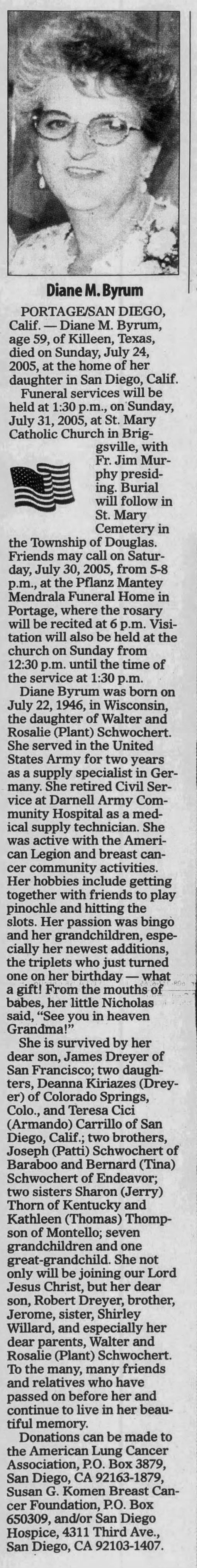 Byrum, Diane M 29 July 2005 Obituary